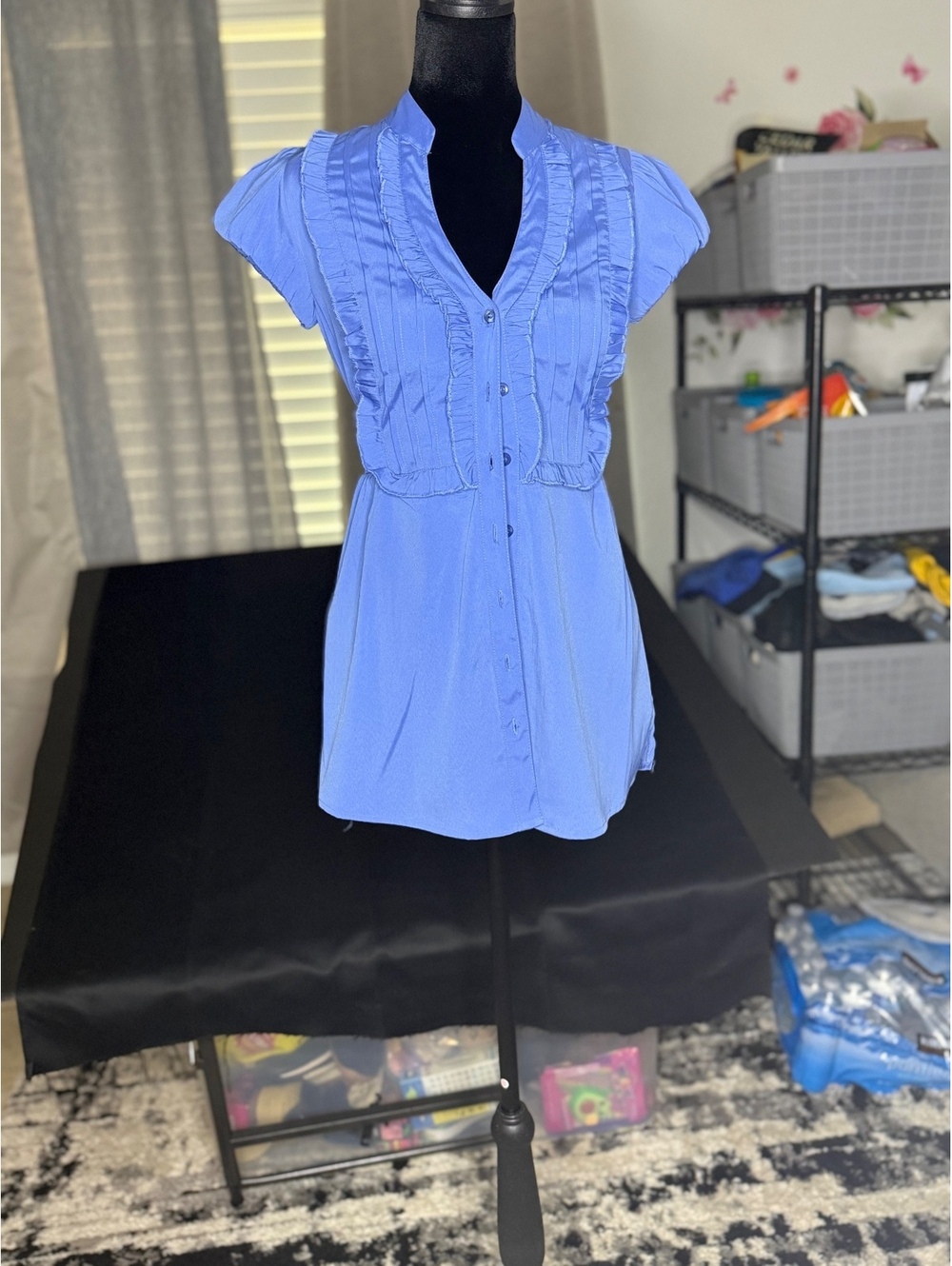 Antilia Femme Blue Stretch Button-Front Short Sleeve Dress
